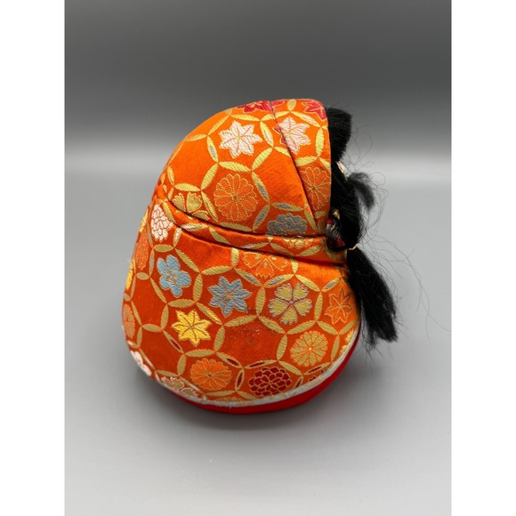 Vintage Japanese Kimekomi Doll Girl Orange Silk Brocade Kimono Folk Art Ornament - Picture 2 of 4